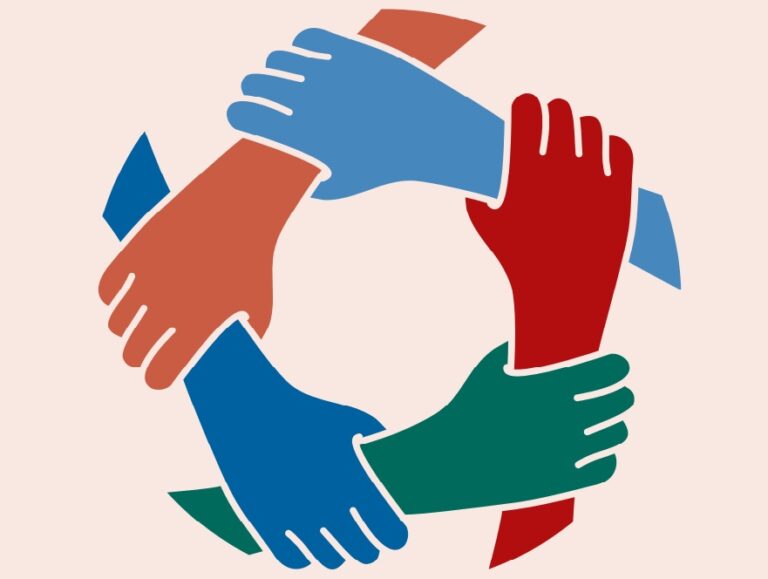 A conceptual graphic showing different coloured hands all holding onto each other in a circle