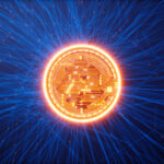 Glowing Bitcoin On Blue Background With Plexus And Red Connection Dots