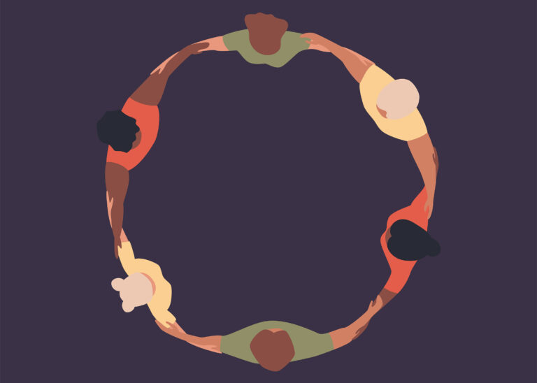 a Graphic of 6 people holding hands, from an aerial point of view.