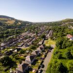 Aerial overhead view of houses in the Welsh Valley of Blaenau Gwent.