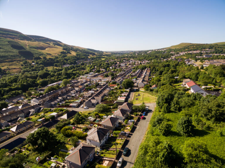 Aerial overhead view of houses in the Welsh Valley of Blaenau Gwent.