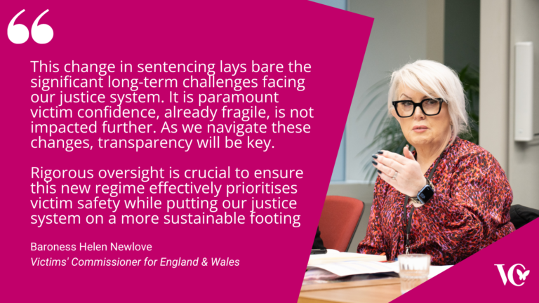 An image of Baroness Newlove alongside an excerpt from the Victims' Commissioners' statement on the government's early release announcement.