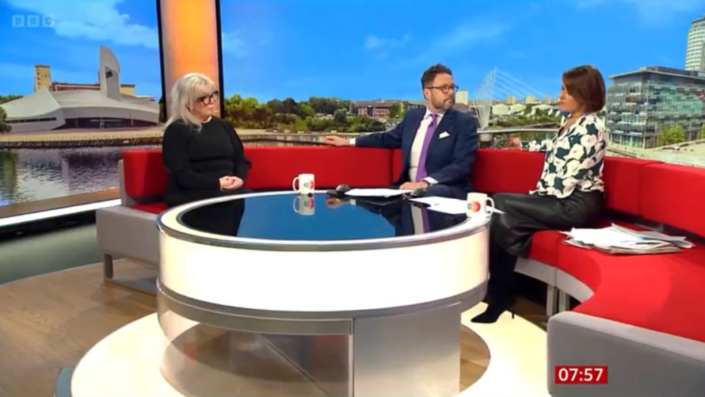 Baroness Newlove joins the BBC Breakfast sofa to discuss her calls for better support for victims of persistent anti-social behaviour, February 2024.