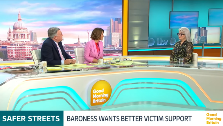 Baroness Newlove being interviewed on Good Morning Britain. She is responding to a question from presenter Susanna Reid, seated on the right, while Ed Balls sits to the left, listening attentively.