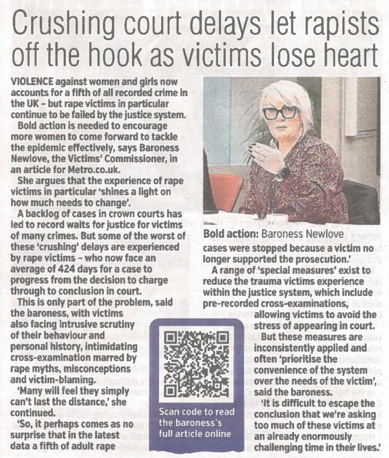A scanned Metro newspaper article with the headline, "Crushing court delays let rapists off the hook as victims lose heart." The article highlights the systemic issues in the UK justice system that fail victims of rape and violence against women and girls (VAWG). It quotes Baroness Newlove, the Victims’ Commissioner, emphasizing the need for bold action to address the long delays in crown courts, which average 424 days for a case to progress from charge to court. The article discusses the impact of these delays on victims, including the scrutiny of their behavior, victim-blaming, and cross-examination. A fifth of adult rape cases are reportedly stopped because victims withdraw support. Special measures, such as pre-recorded cross-examinations, are inconsistently applied, often prioritizing system convenience over victims' needs. A photo of Baroness Newlove accompanies the text, and a QR code directs readers to the full article online.