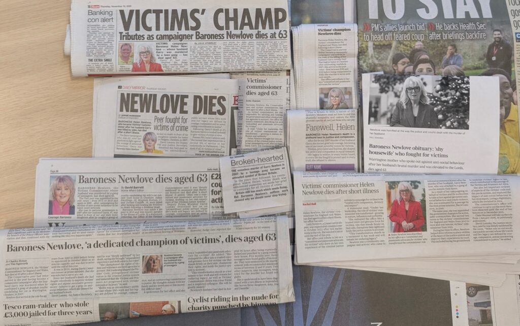 An array of headlines and articles in print media, announcing Baroness Newlove's death and paying tribute to her achievements. 