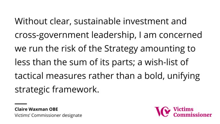 Graphic from the Victims’ Commissioner featuring a quote. The text reads: "Without clear, sustainable investment and cross-government leadership, I am concerned we run the risk of the Strategy amounting to less than the sum of its parts; a wish-list of tactical measures rather than a bold, unifying strategic framework."