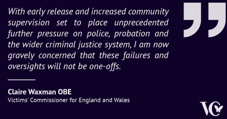 Graphic featuring a quote from Claire Waxman OBE, Victims' Commissioner for England and Wales: "With early release and increased community supervision set to place unprecedented further pressure on police, probation and the wider criminal justice system, I am now gravely concerned that these failures and oversights will not be one-offs." The quote appears in white text on a dark purple background with quotation mark graphics and the Victims' Commissioner logo.