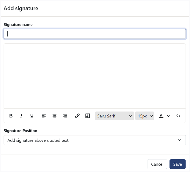 A screen shot of the 'Add signature' menu. Showing an input box for the signature name, and a second input box with a range of formatting options where you can add your signature details.
